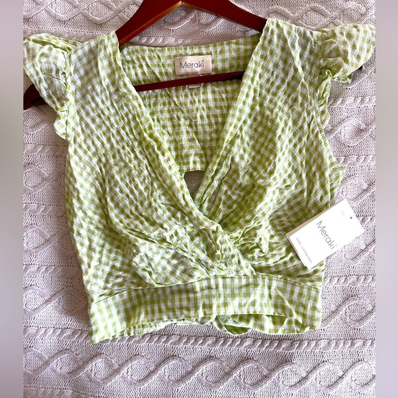 Meraki New Light Green & White Plaid Open Back Wrap Top Size XS - Picture 1 of 8